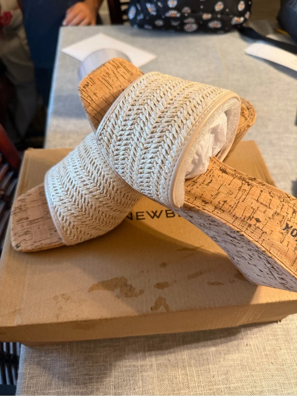 White Woven Cork Wedge Slide Sandals - Women's